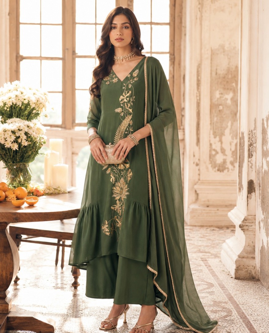 7110 - Gorgonize Chanderi Green Trendy Salwar Kameez